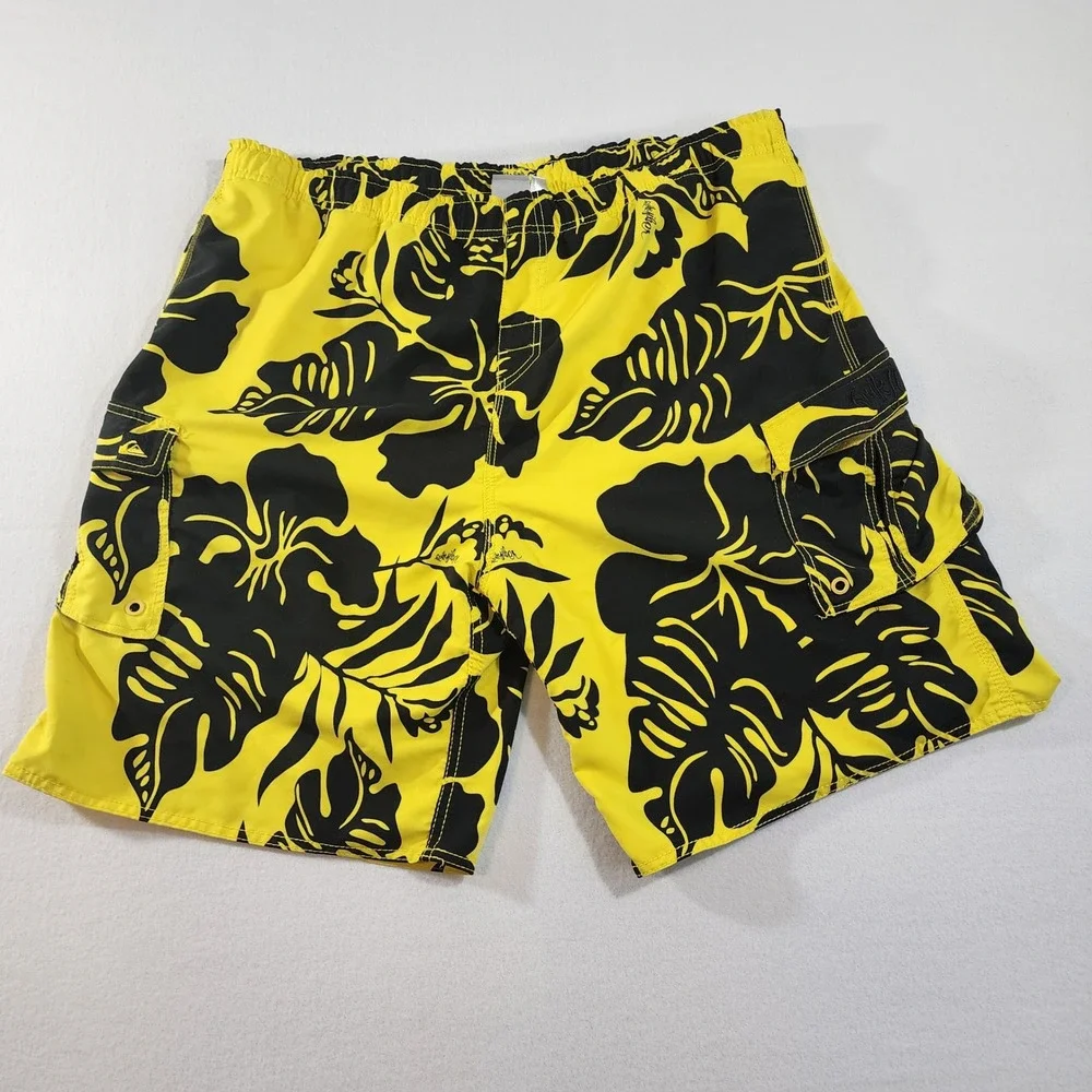 Quiksilver Mens XXL‎ Yellow Black Tropical Floral Cargo Board Shorts Swim Trunks